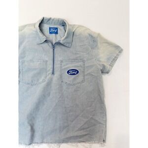 Ford Light Blue Pinstripe Short-Sleeve Zip Polo Shirt denim Medium casual shop